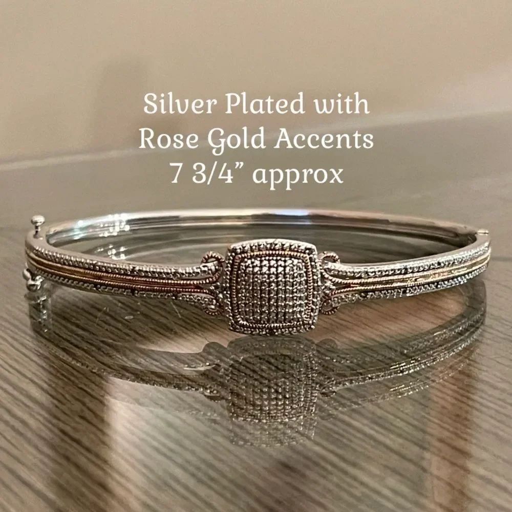 BR SUN Silver Plated Elegant Hinged Bangle Bracelet with Rose Gold Accents